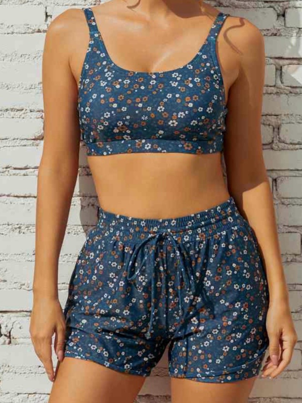 Floral Scoop Neck Bralette & Shorts Lounge Set - Blue